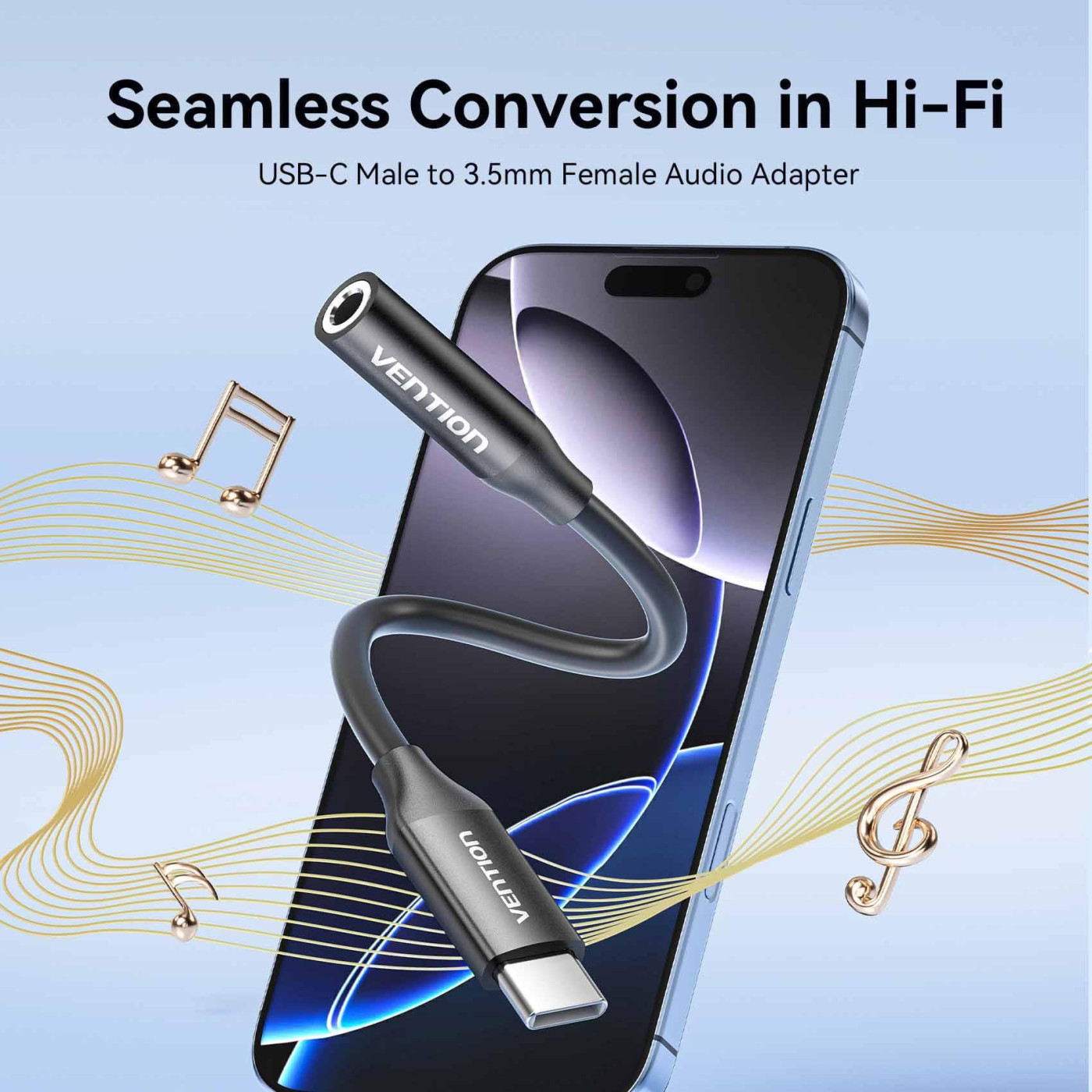 Перехидник USB-C --> аудио Jack 3.5мм, Aluminum Alloy, чорний Vention