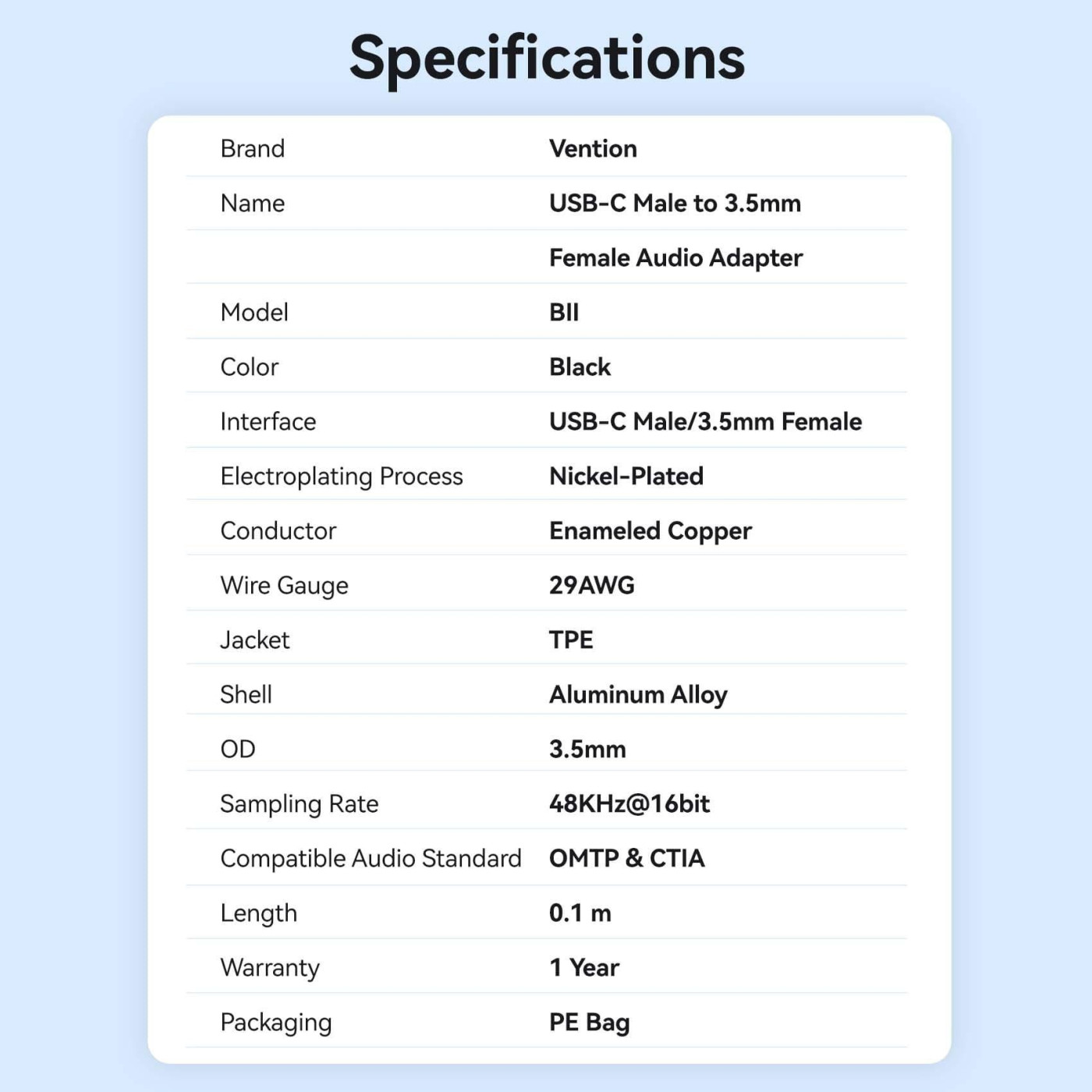 Перехидник USB-C --> аудио Jack 3.5мм, Aluminum Alloy, чорний Vention
