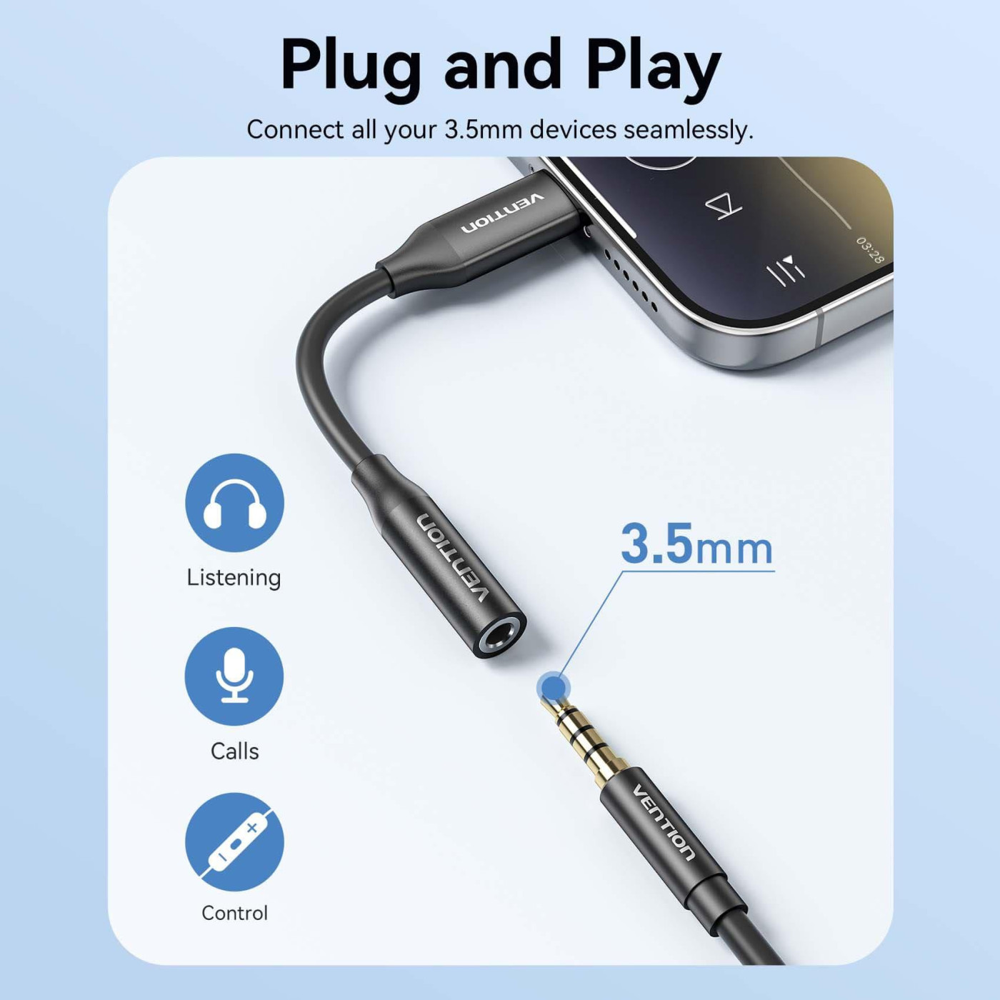 Перехидник USB-C --> аудио Jack 3.5мм, Aluminum Alloy, чорний Vention