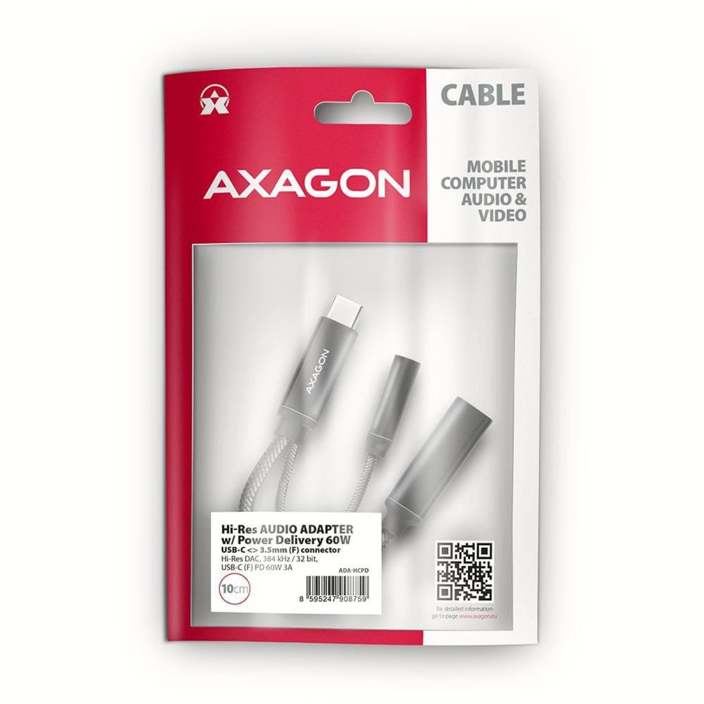 Зарядний та аудио адаптер AXAGON ADA-HCPD USB-C to Mini-Jack 3.5 mm HI-RES DAC and USB-C 60W, чорний