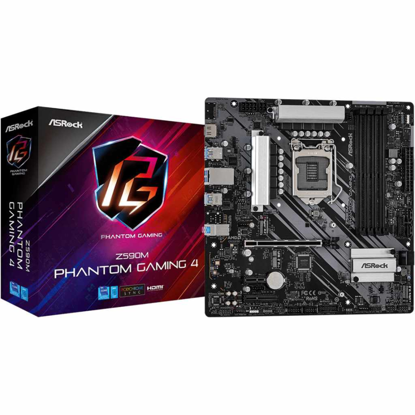 Материнская плата AsRock Z590M Phantom Gaming 4 (Z590M Phantom Gaming 4) (Socket 1200, Intel Z590, Micro-ATX) Б/у,U1