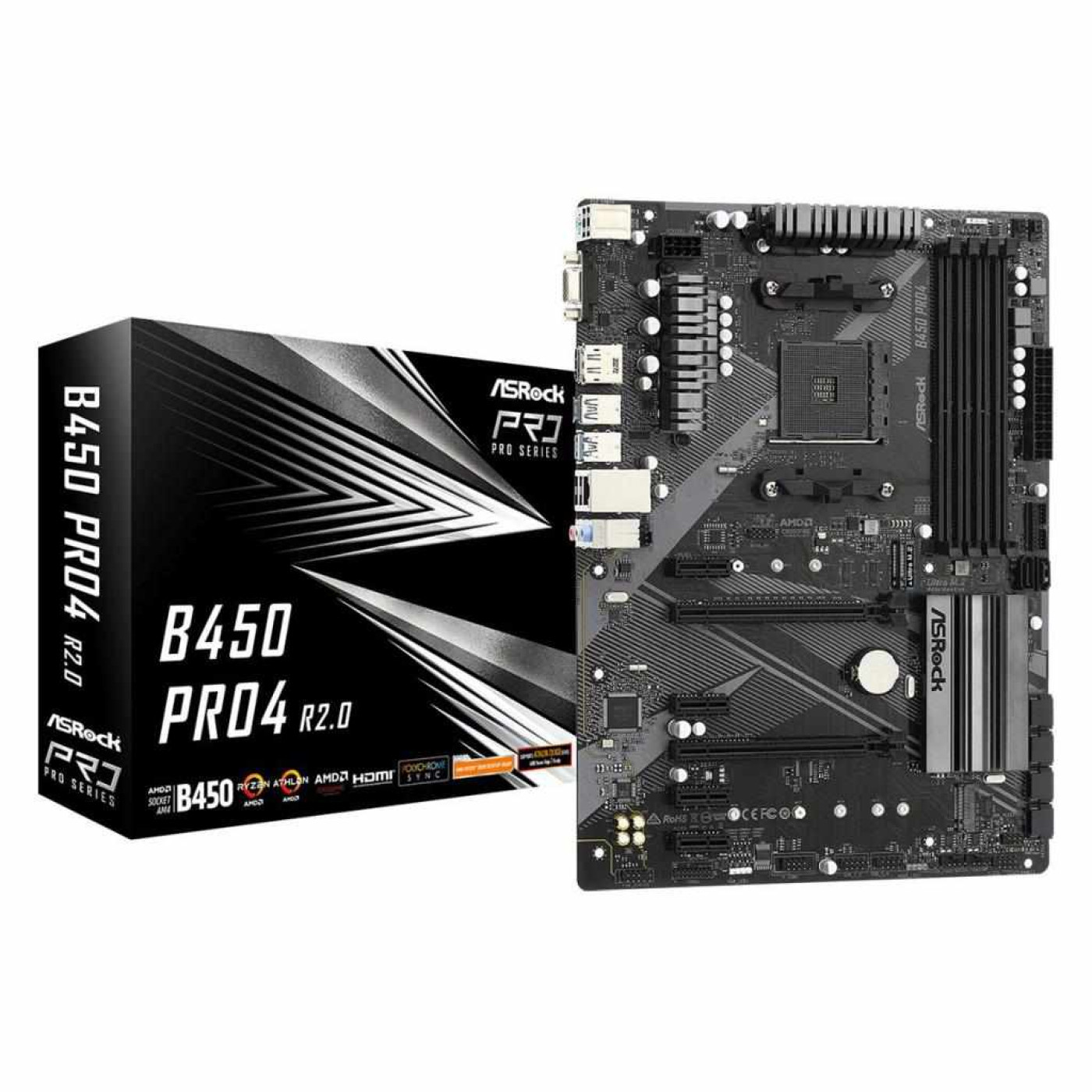 Материнская плата AsRock B450 Pro4 R2.0 (B450 Pro4 R2.0) (Socket AM4, AMD B450, Micro-ATX)
