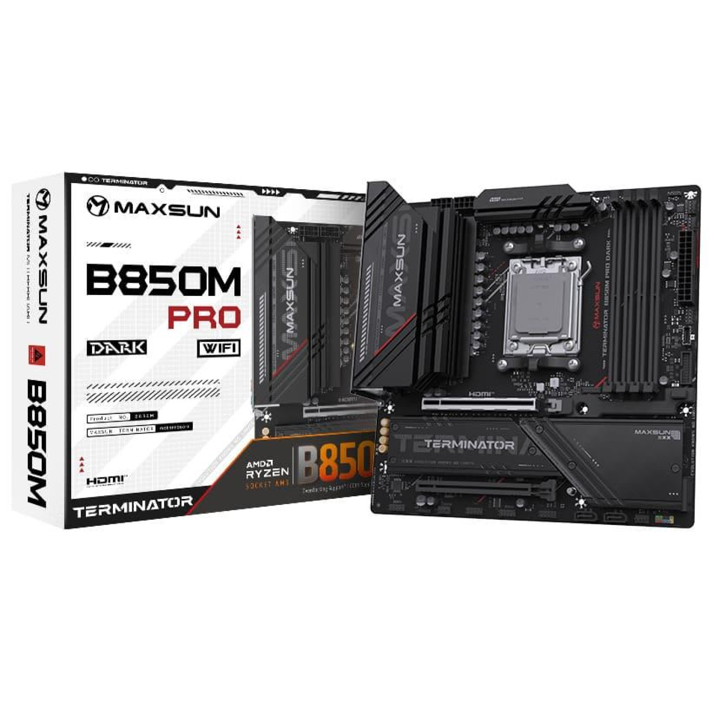 Материнская плата Maxsun Terminator B850M PRO DARK WIFI (MS-Terminator B850M PRO DARK WIFI) (Socket AM5, AMD B850, Micro-ATX)