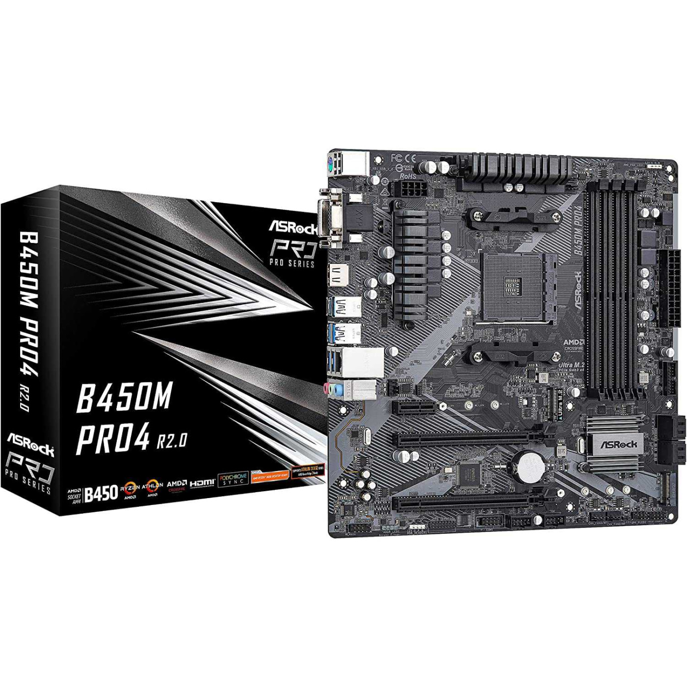 Материнская плата AsRock B450M Pro4 R2.0 (B450M Pro4 R2.0) (Socket AM4, AMD B450, Micro-ATX) FR