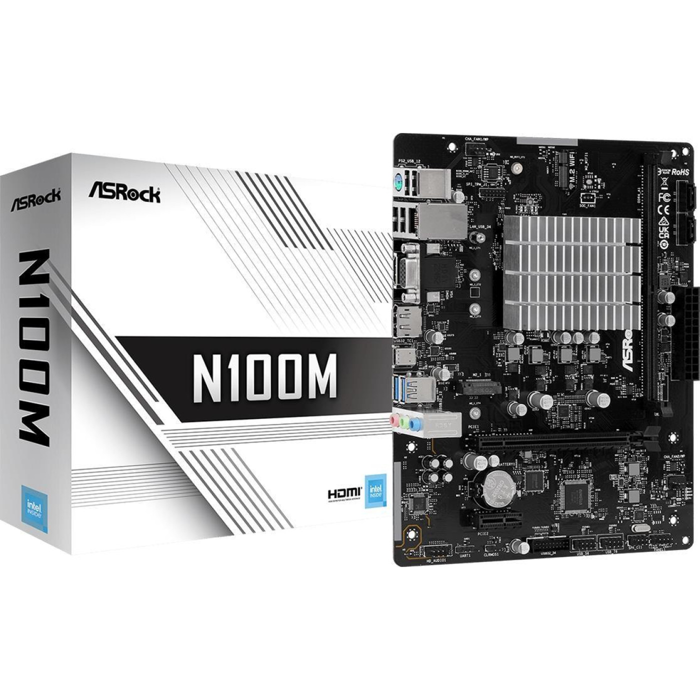 Материнська плата ASRock N100M (N100M) (Integrated CPU, SoC, Micro-ATX)