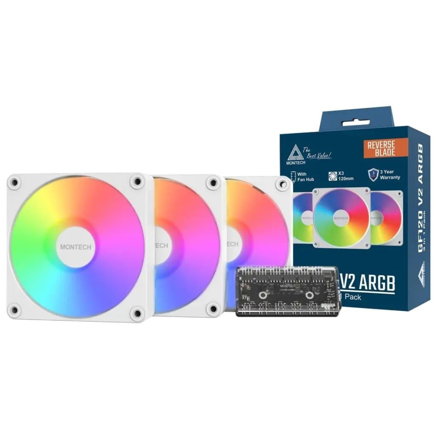 Комплект вентиляторов MONTECH GF120R V2 120MM ARGB PWM 3 Pack (W) (GF120R V2 ARGB PWM 3I1(W))