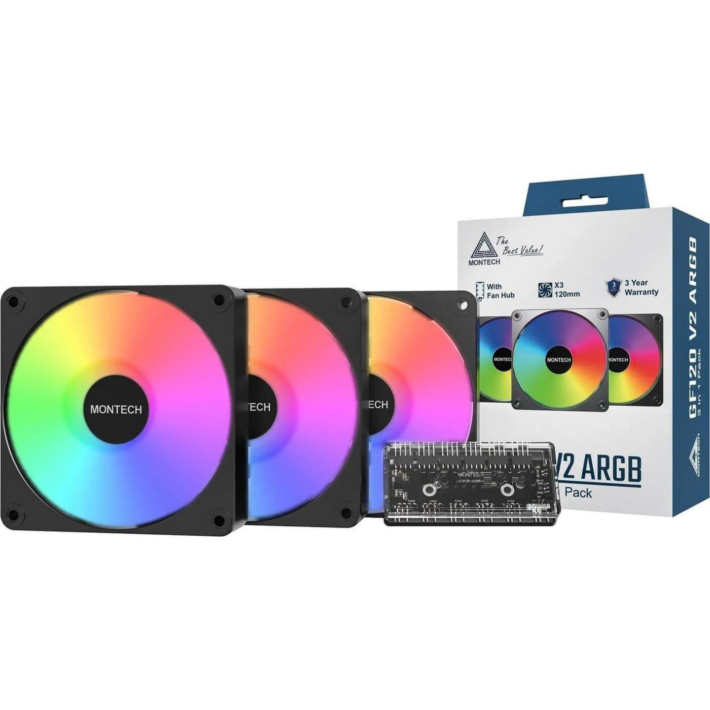 Комплект вентиляторов MONTECH GF120 V2 120MM ARGB PWM 3 Pack (B) (GF120 V2 ARGB PWM 3I1(B))