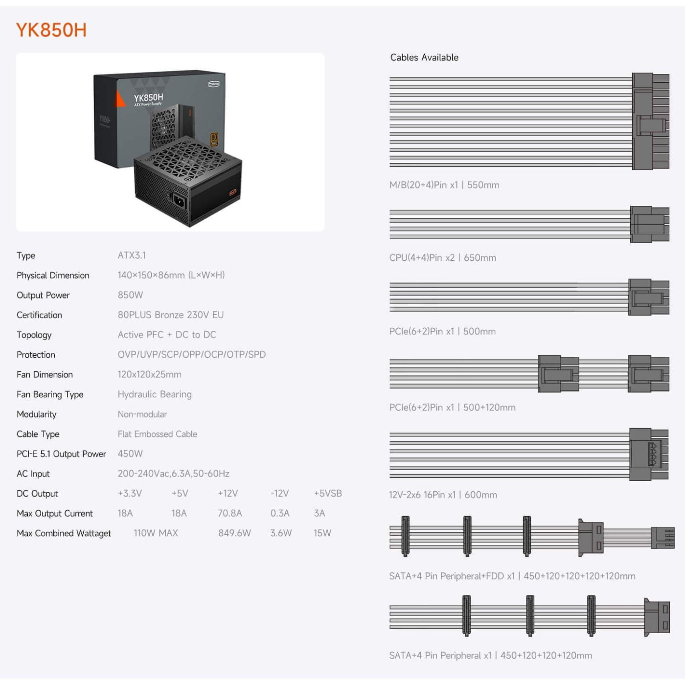 Блок живлення PcCooler YK850H 850W ATX 3.1 80+ Bronze (P3-YK850H-B1HWBK1-EU)