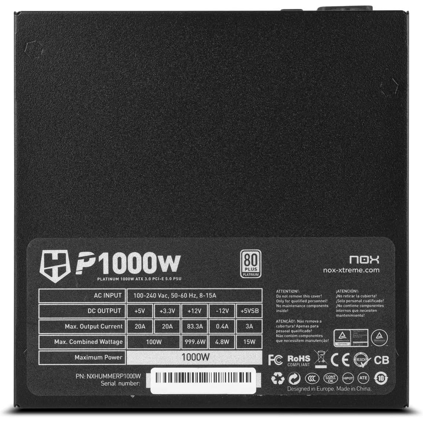 Блок живлення NOX Hummer P 1000W 80 Plus Platinum ATX 3.0/PCI-e 5.0 (NXHUMMERP1000W) Б/в