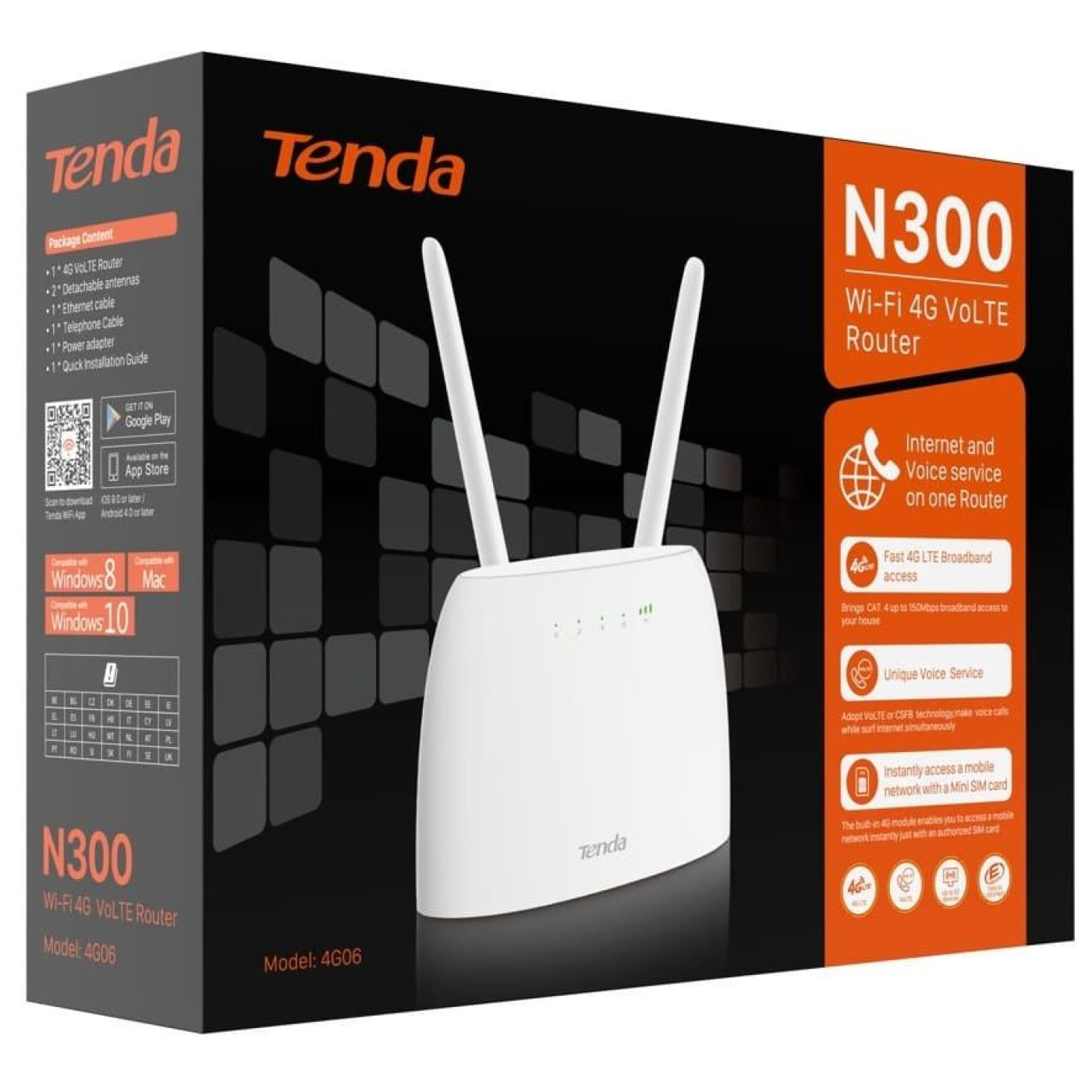 Роутер Tenda 4G06 N300, 4G/LTE, 1xFE LAN, 1xFE LAN/WAN, 1xRJ11, Cлот для SIM-карти (4G06)