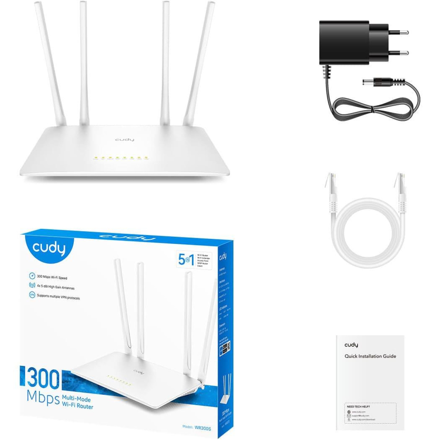 Роутер Cudy WR300S, Wi-Fi, 802.11b/g/n, 300Mbps 2.4GHz, 5×10/100Mbps, 4×5dBi an, WiFi, IPv6 (WR300S)