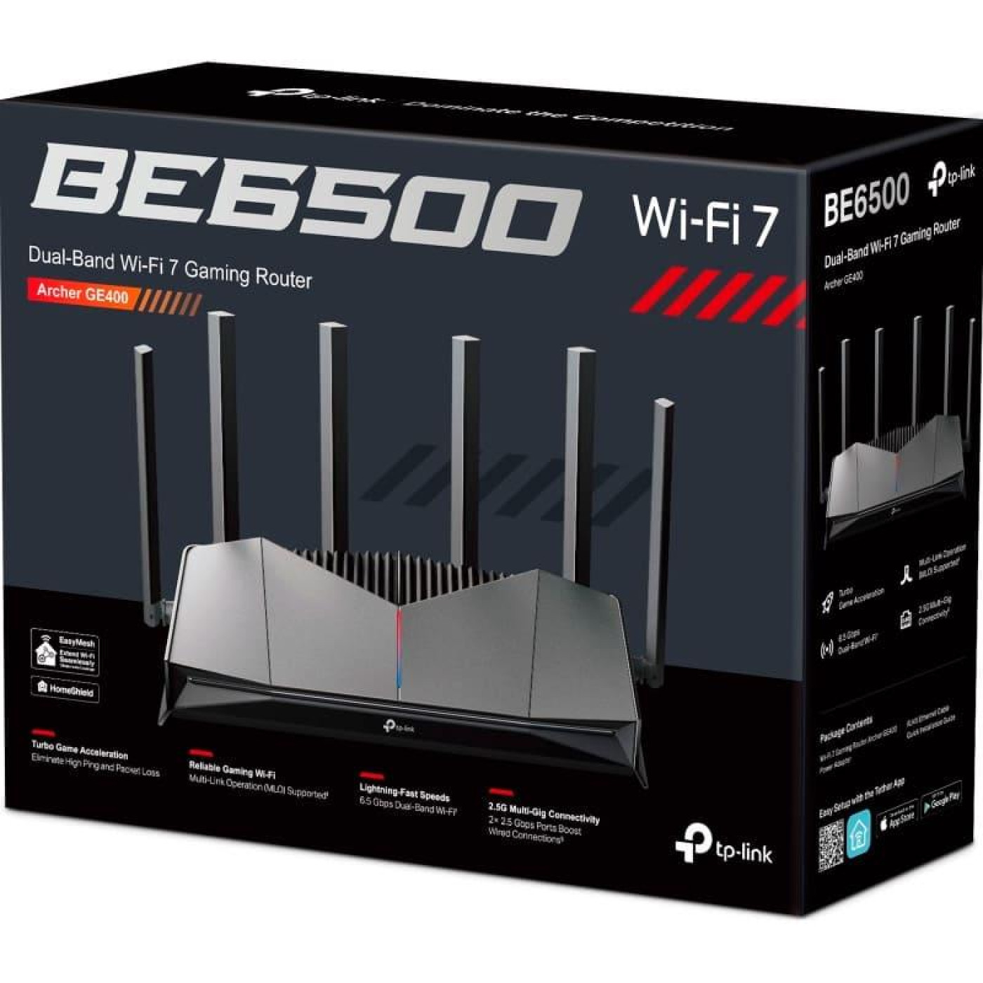 Роутер TP-Link Archer GE400, Black, Wi-Fi 7 (до 6453 Mb/s, 2.4/5GHz), 1хLAN (1000/2500 Mb/s), 3хLAN (100/1000 Mb/s), 1хWAN (1000/2500 Mb/s), 1хUSB 3.0