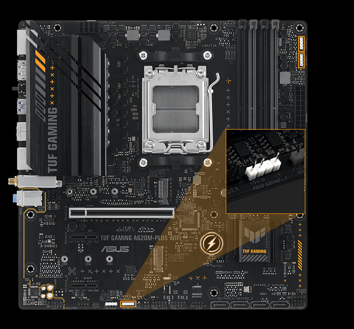 Материнская плата ASUS PRIME A620M-K (PRIME A620M-K) (Socket AM5, AMD A620, Micro-ATX) — 24+8-контактные разъёмы питания для стабильности системы