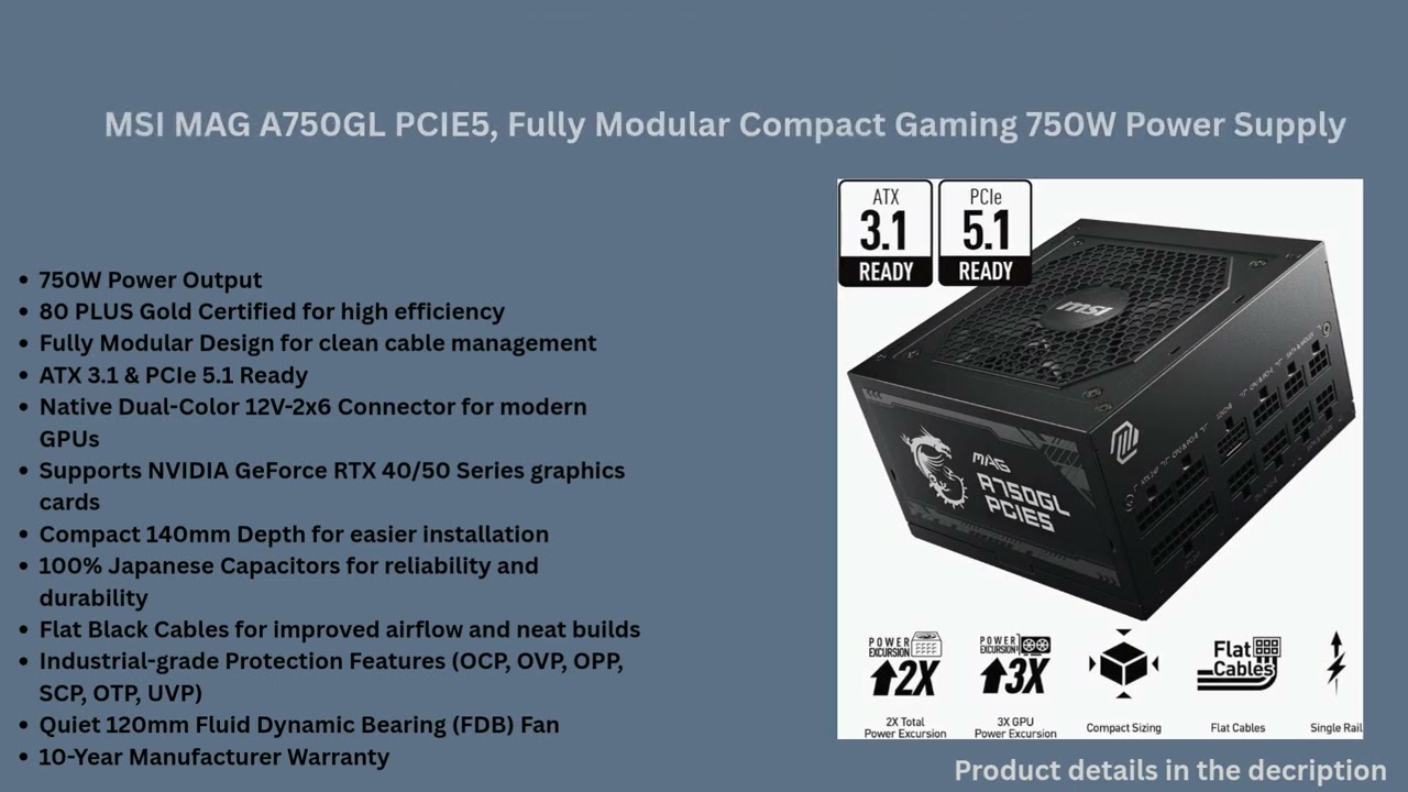 Блок питания MSI MAG 750W PCIE5 (A750GL) (MAG A750GL PCIE5) — Мощность 750 Вт для стабильной работы ПК