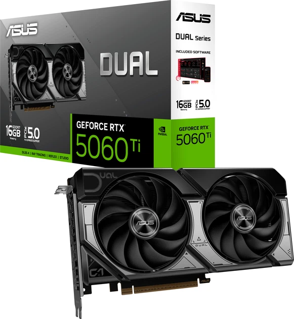Відеокарта ASUS RTX 5060 Ti 16GB Dual OC EVO (DUAL-RTX5060TI-O16G-EVO) (GDDR7, 128 bit, PCI-E v5.0 x8) — 16 ГБ відеопам'яті для високої продуктивності